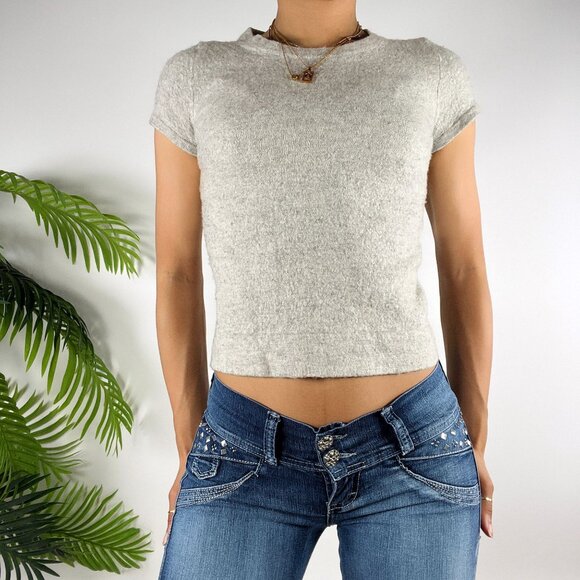 Womens Vintage J. Crew Gray Wool Classy Fitted Short Sleeve Top Sweater / XS - Picture 3 of 6